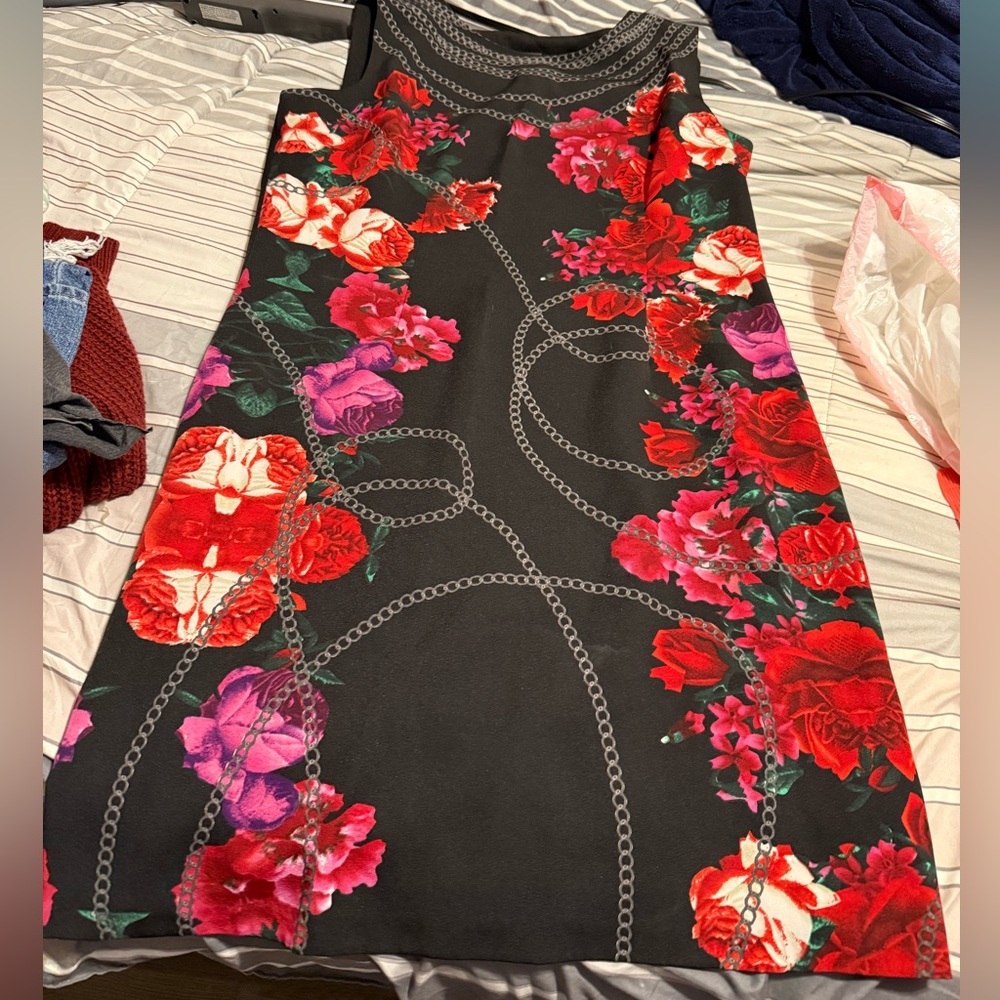 Floral Black Dress with Red and Pink Accents